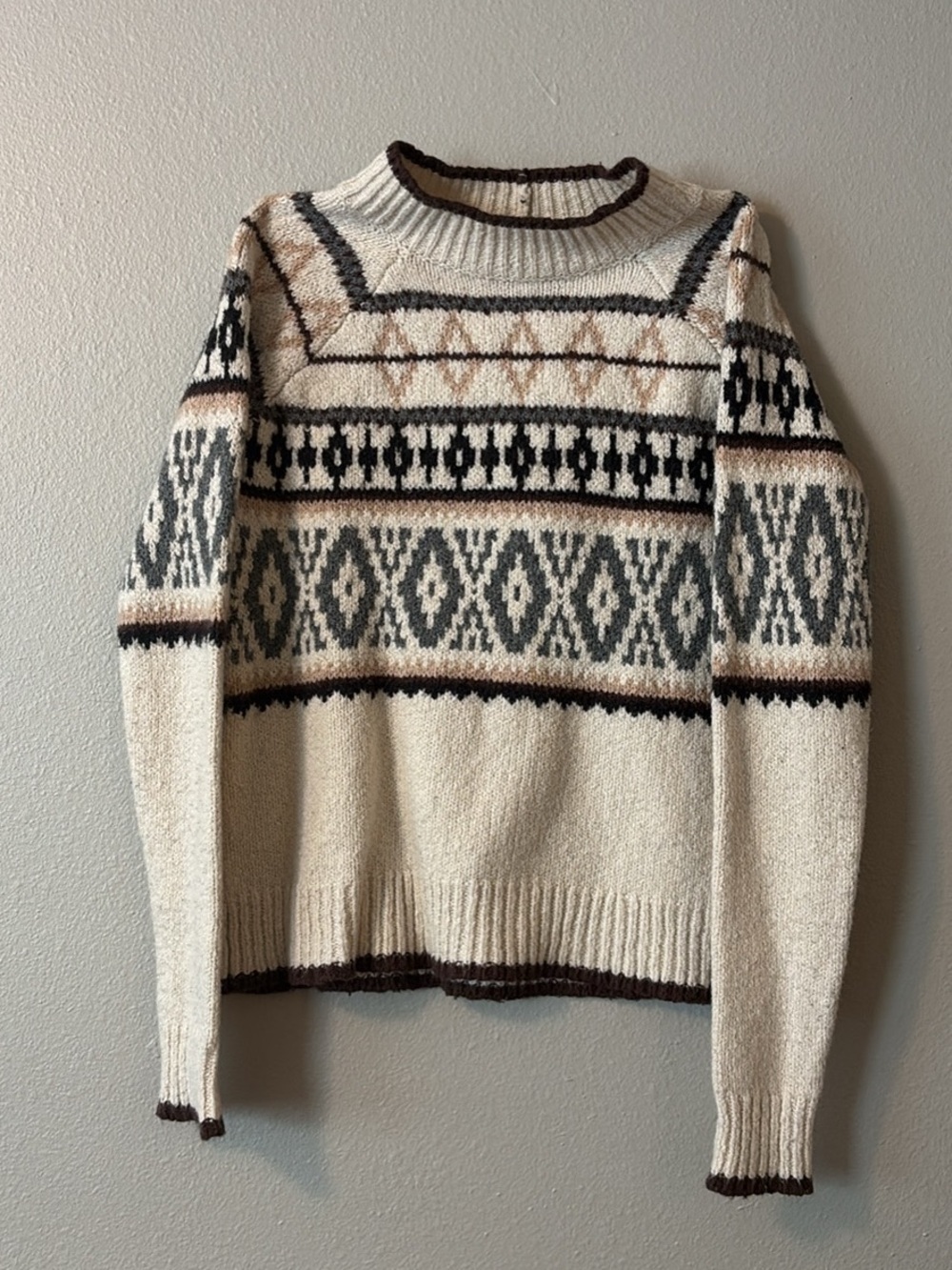Cream Fair Isle Crewneck Sweater with Brown and Gray Pattern